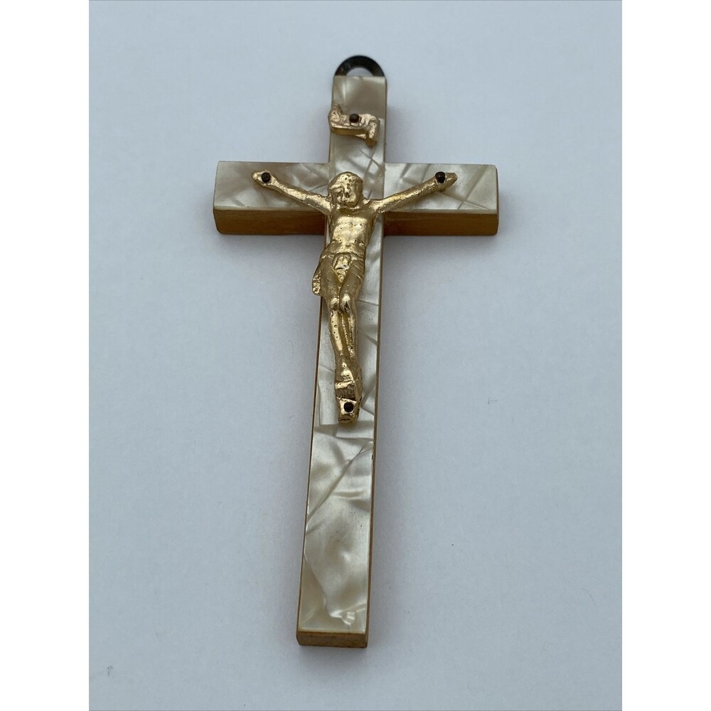 Beautiful Vintage Wood Crucifix with Mother Of Pearl - God Bless